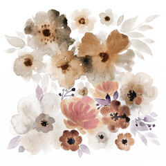 Vintage watercolor flowers bouquet in sepia colors. Hand-painted composition for a special date celebration.