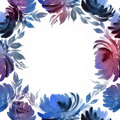 Summer floral blossom border frame. Blue and pink background. Colorful watercolor flowers.