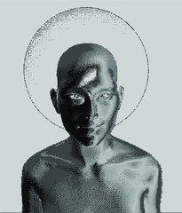 Artificial human made in pixel art style. Retrofuturistic cyberpunk aesthetics.