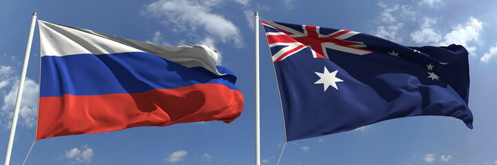 Flags of Russia and Australia on flagpoles. 3d rendering