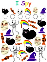 Halloween how many I spy game stock vector illustration. Funny counting visual printable game with black cats, candies, skulls, magic wands, mummies and witch hats. Colorful vertical math worksheet.