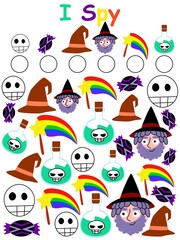 Halloween I spy game stock vector illustration. Find and calculate all skulls, candies, witch hats, wizards, wands and potions. How many visual counting children game vertical printable worksheet.