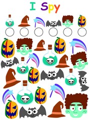 Amusing halloween activity I spy game stock vector illustration. Find and calculated all subjects group educational children I spy game. How many halloween objects can you find?