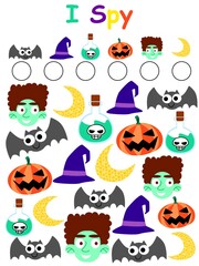 Halloween I spy game for kids stock vector illustration. Funny counting educational game. Math activity printable halloween worksheet with bats, witch hats, potions, pumpkins, zombies and moons.