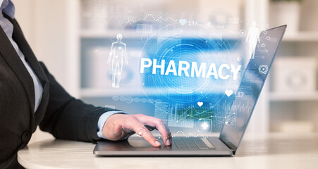 Doctor working a health check with PHARMACY inscription, recording medical test results