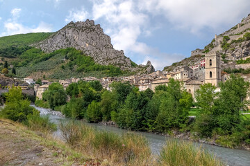 Small French medieval town between two rocky hills and the Var river, Commune of Entrevaux, Provence-Alpes-Côte d'Azur region, Alpes de Haute Provence, France