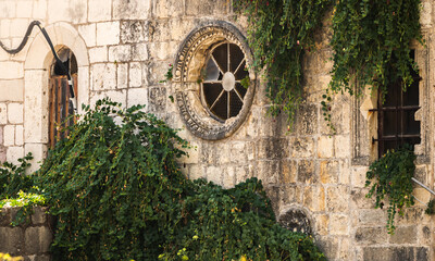 Stone houses in the old town of budva are covered with greenery, nature takes its toll, montenegro and clear photographs of architecture