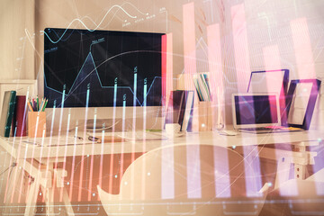 Double exposure of financial graph drawing and office interior background. Concept of stock market.
