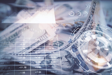 Double exposure of forex graph drawing over us dollars bill background. Concept of financial markets.
