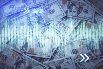 Double exposure of forex graph drawing over us dollars bill background. Concept of financial markets.