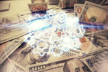 Multi exposure of business theme drawing over us dollars bill background. Concept of financial success.