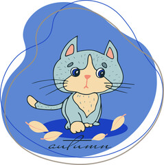 illustration with a gray cat that walks on a sad autumn day, blue background, hand drawing, color clipart