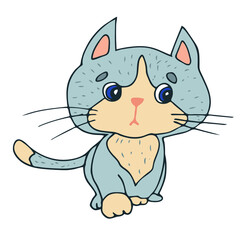 clipart with a cute scared kitten. Hand-drawn drawing, colored, gray, isolated on a white background.