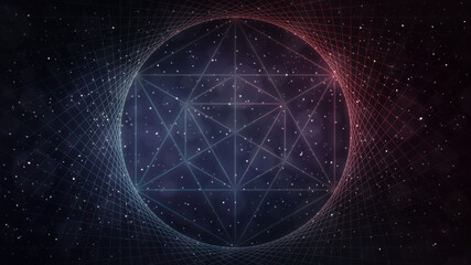 Blue and coral orange-red sacred geometry, space vortex background - abstract, line art, circle & hexagon