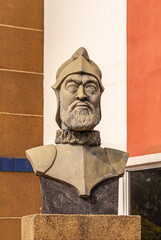 Panama City, Panama - November 30, 2008: Closeup of brown stone bust statue of Pedro Arias de Avila...