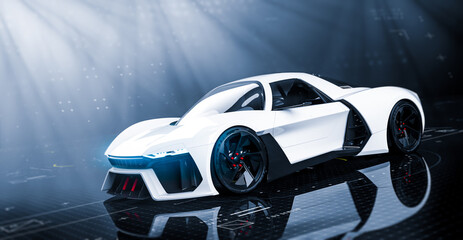 Futuristic sports car in dark studio environment with technology user interface details (3D Illustration)
