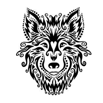 The wolf is beautiful with curls. Tattoo. T-shirt print. Vector illustration