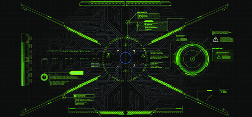 Modern illustration for game background design Futuristic HUD, GUI interface screen design. Virtual reality. Futuristic VR Head-up Display Design. Sci-Fi Helmet HUD. Future Technology. Hi tech design