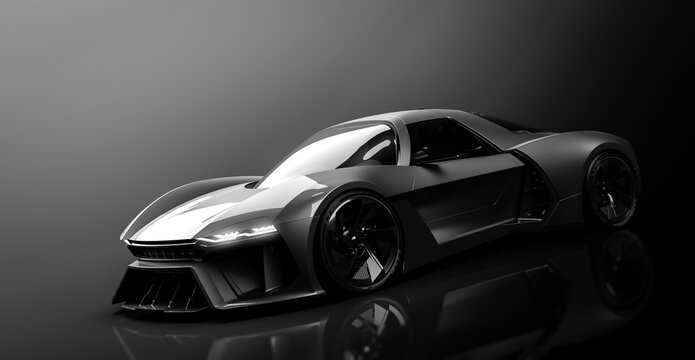 Futuristic sports car in dark studio  environment (3D Illustration)