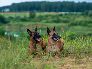 Two Belgian shepherd malinois dogs on a meadow