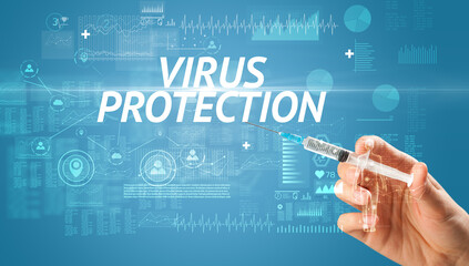 Syringe needle with virus vaccine and VIRUS PROTECTION inscription, antidote concept