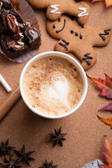 autumn cozy composition with coffee at wooden table. life style concept. flat lay