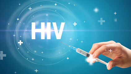 Syringe needle with virus vaccine and HIV abbreviation, antidote concept