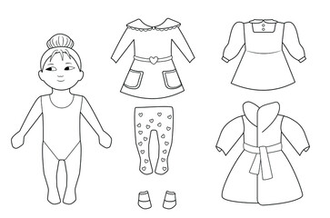 Vector set: paper doll and collection of vintage outfits, dress up template for coloring. Educational and creativity toy