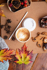 autumn cozy composition with coffee at wooden table. life style concept. flat lay