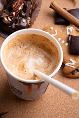 autumn cozy composition with coffee at wooden table. life style concept. close up