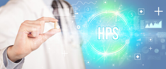 Close-up of a doctor giving you a pill with HPS abbreviation, virology concept