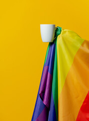Cup of coffee and LGBT flag on yellow background