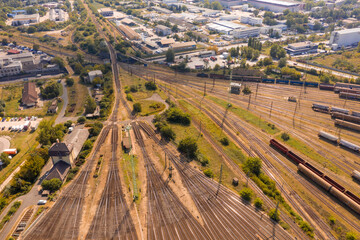 Hungary - Budapest - Ferencvaros industrial train final station from drone view