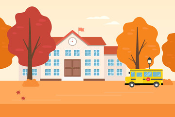 Autumn scenery illustration with school and school bus.