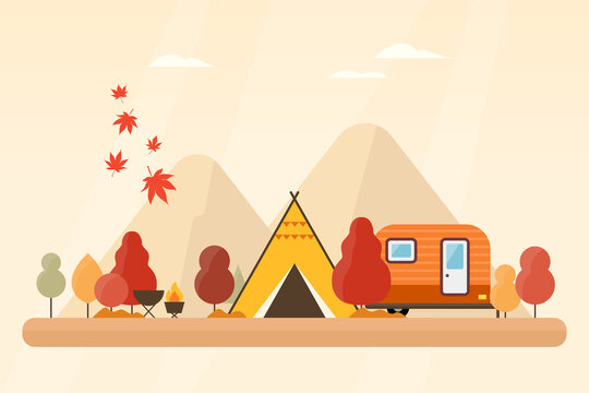 illustration of autumn forest and camping trip.