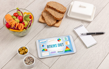 Fototapeta na wymiar Organic food and tablet pc showing ATKINS DIET inscription, healthy nutrition composition