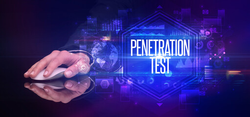 hand holding wireless peripheral with PENETRATION TEST inscription, cyber security concept