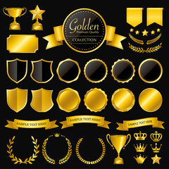 Gold label, retro design badge, stamp, medal, ribbon and emblem set / Premium quality vector illustration set for award, banner, guarantee, business