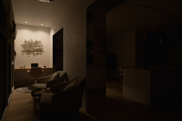 3d illustration interior design of a city apartment. 3d render home office for freelance with night lighting. Remote work. Convenient area for relaxation and coffee break