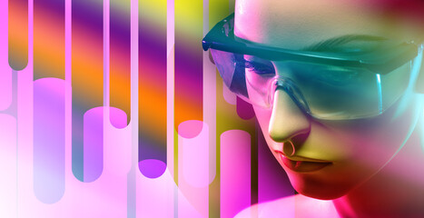 The face of a mannequin in safety glasses. Portrait of a female robot. Cyborg. Mannequin on a brown...