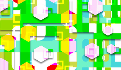 Contrasting background of geometric shapes. Three-dimensional bright background. Geometric background. Fancy pattern with a predominance of yellow and green colors.