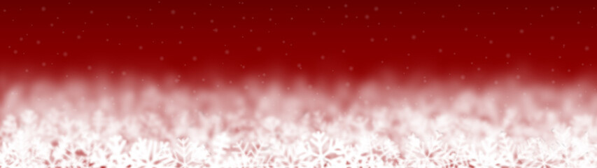 Christmas background of snowflakes of different shape, blur and transparency, located bottom, on red background