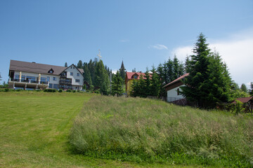 Fototapeta na wymiar Relaxation area Tihuța Retreat from Piatra Fântânele near Dracula's castle,Bistrita, Romania, 2020