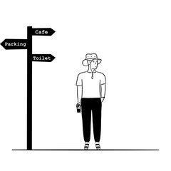 The man holding a cup of coffee and standing under the sign directions. Leisure time , relax time, coffee time. Vector illustration isolated cartoon design on white background.