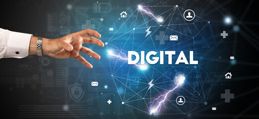 Hand pointing at DIGITAL inscription, modern technology concept