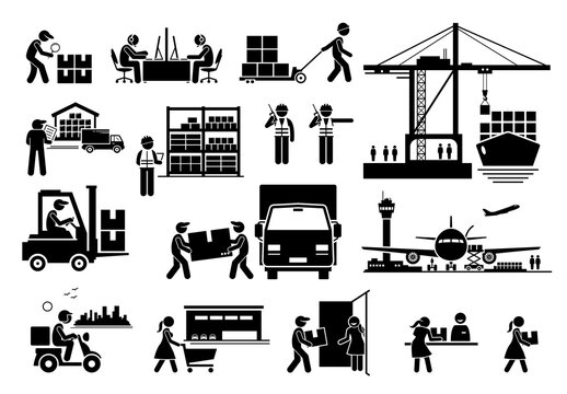 Logistic and shipping of import and export industry icons set. Vector illustrations of stocks, warehouse, freighter, transportation, distribution, and courier delivery services.