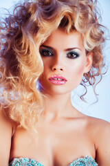 beauty blond woman with curly hair close up isolated, fashion makeup and style