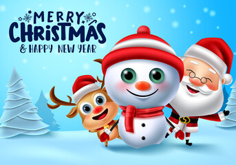 Merry christmas vector banner design. Merry christmas text with xmas characters like snowman, santa claus and reindeer in snow winter background for celebration greeting card. Vector illustration 