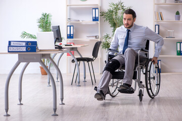 Young leg injured employee working in the office