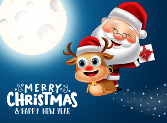 Merry christmas vector banner concept design. Merry christmas greeting text with santa claus riding in reindeer character for gift giving holiday season xmas celebration. Vector illustration    
